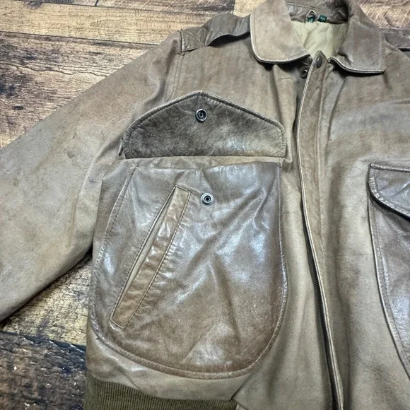 Hunt Club Men's Brown Genuine Leather‎ Bomber Flight Jacket 44R Aviation Large